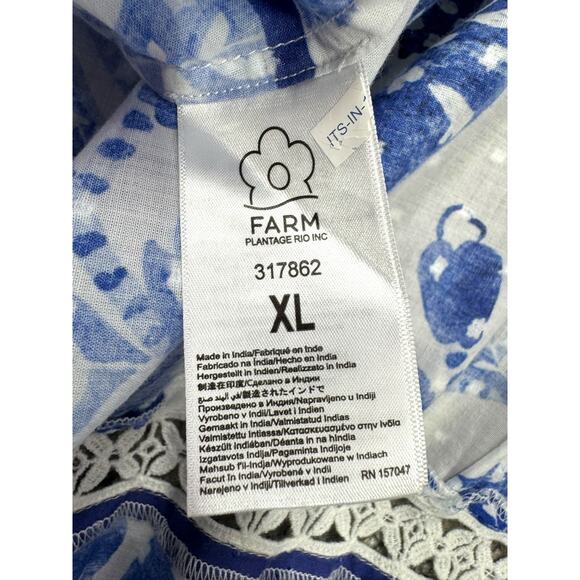 FARM Rio Flowerful Birds Maxi Dress Size XL Blue White Cotton V-Neck Boho Resort - Picture 10 of 12
